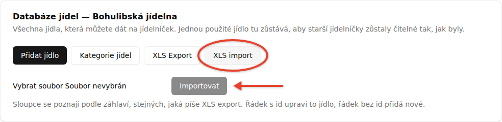 Rozbalený panel importu: ovál kolem tlačítka XLS import, šipka na tlačítko Importovat